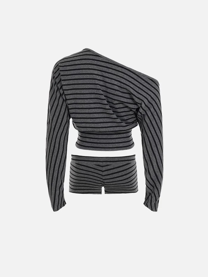 Co-ed Dorm Skimming Striped Two-Piece Top Set - Grey