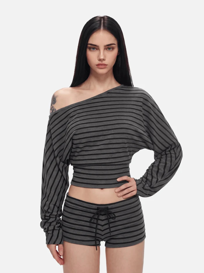 Co-ed Dorm Skimming Striped Two-Piece Top Set - Grey