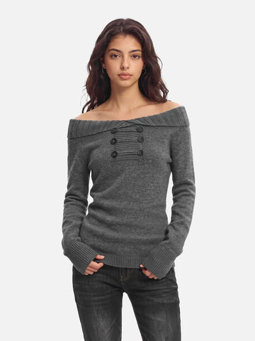 Co-ed Dorm Skimming Off-Shoulder Long Sleeve Top - Grey