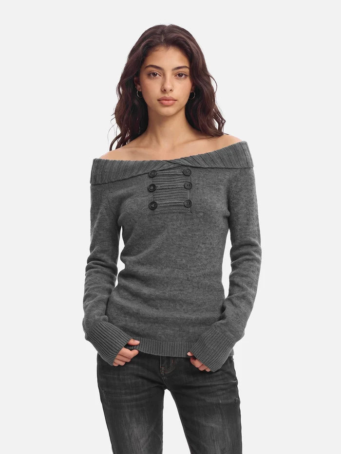 Co-ed Dorm Skimming Off-Shoulder Long Sleeve Top - Grey