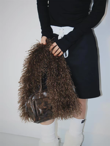 Co-ed Dorm Casual Faux-Fur Trim Shoulder Bag - Brown
