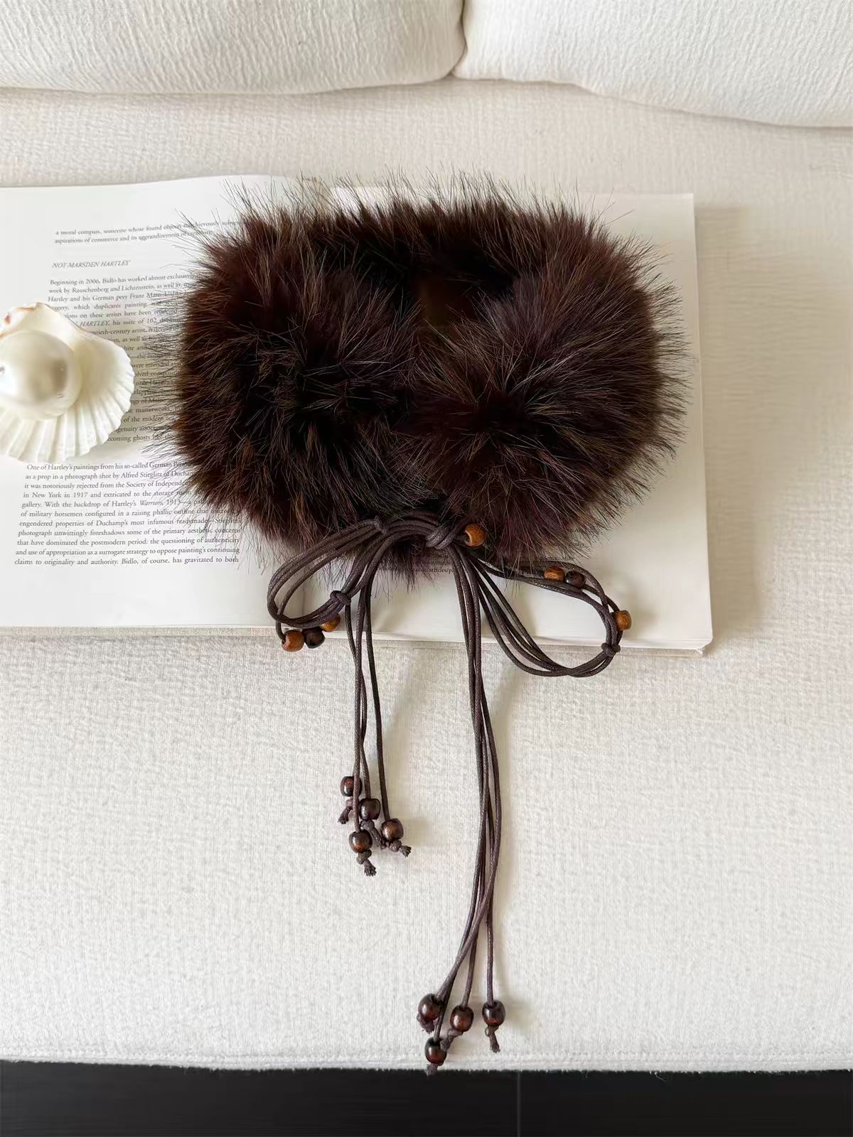 Brick Lane Faux Fur Tie-Front Collar Scarf - Brown