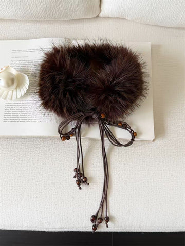 Brick Lane Faux Fur Tie-Front Collar Scarf - Brown