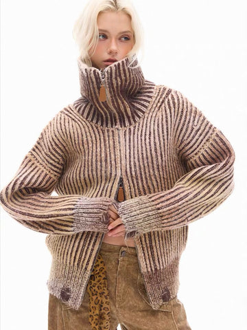 Brick Lane Baggy Turtleneck Patterned Knit Top - Brown