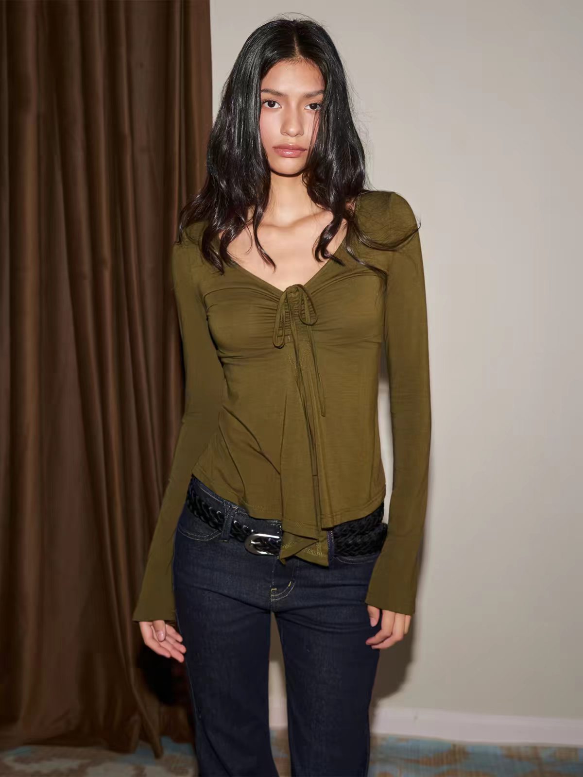 Brick Lane Tie-Front Ribbed Long Sleeve Knit Cardigan - Olive Green