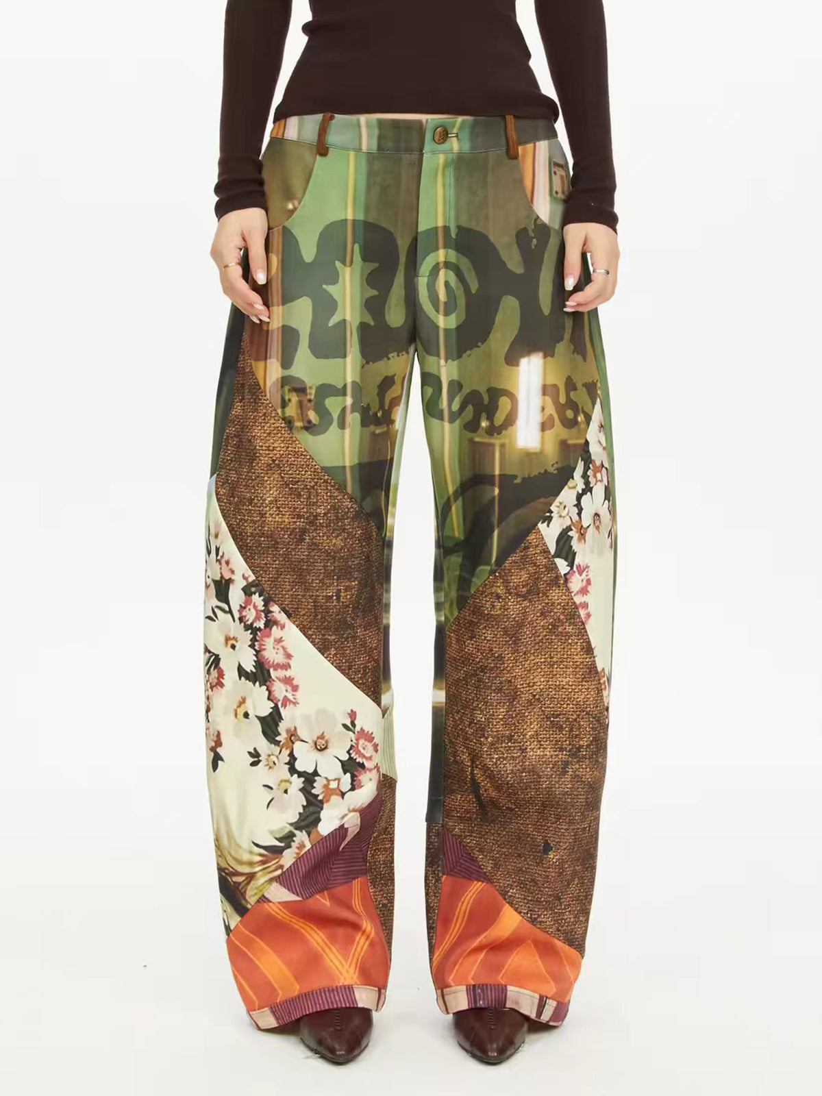 Brick Lane Wide-leg Vintage Paisley Patchwork Maxi Pants - Brown