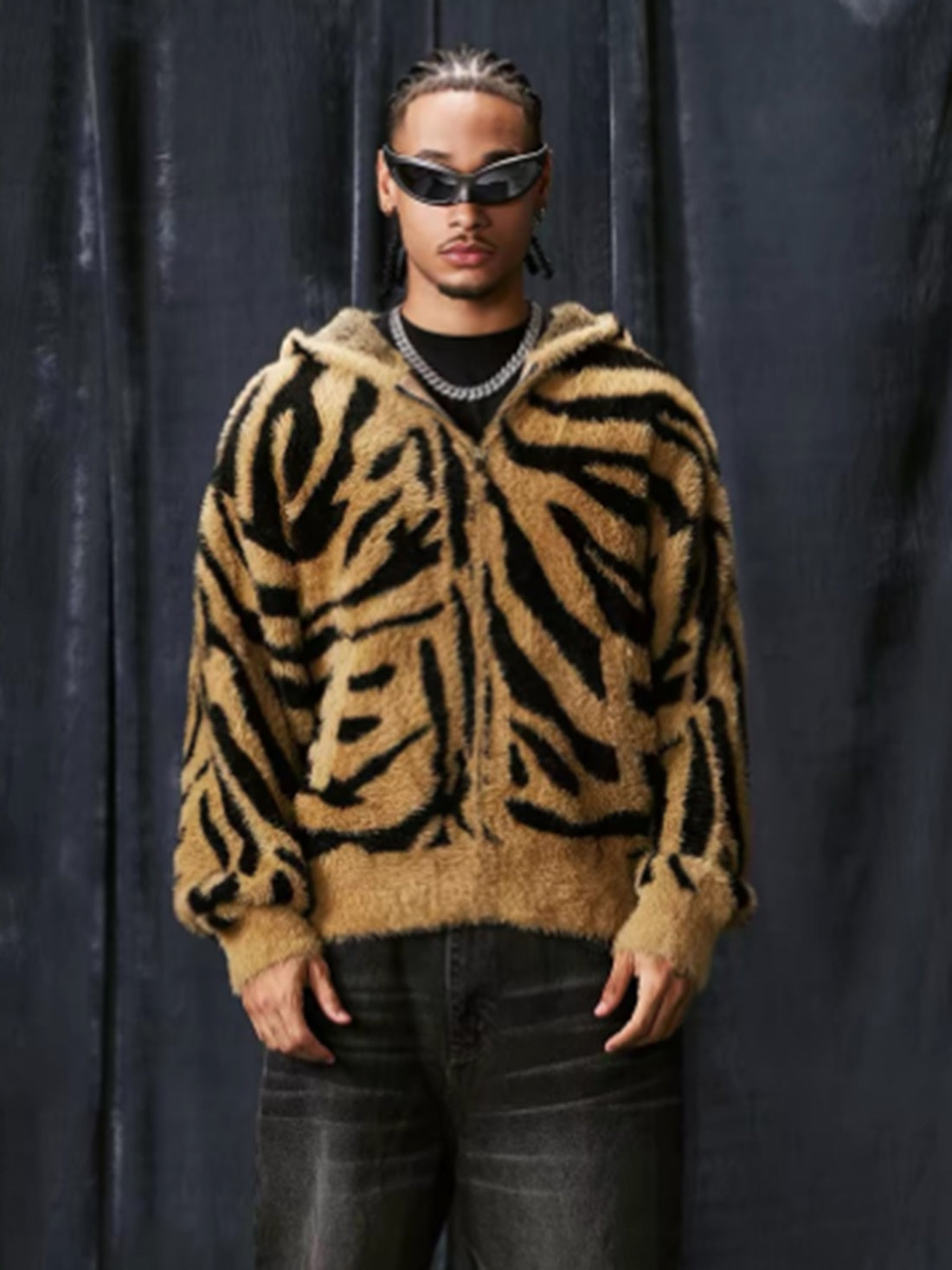 Weekday Outdoor Baggy Tiger Stripe Hooded Fleece Jacket - Yellow