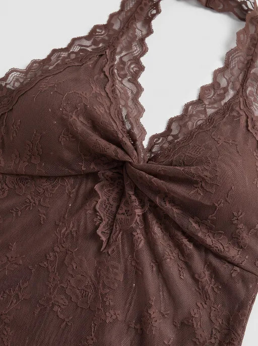Co-ed Dorm Skimming Lace Trim Halter Top - Brown