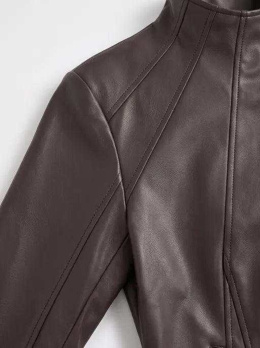 Co-ed Dorm Skimming Asymmetric-Zip Faux-Leather Jacket - Brown