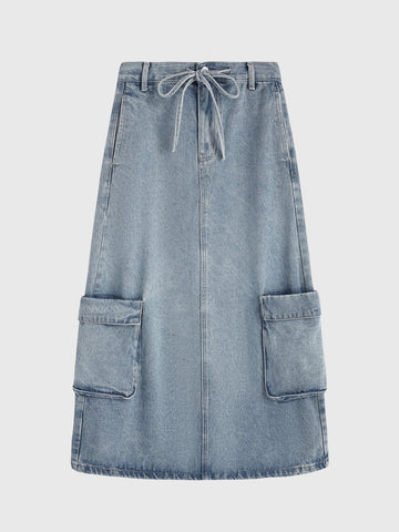 Safari Slit Denim Skirt - Washed Blue