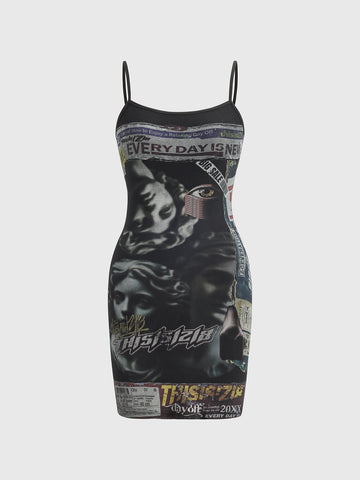 Abstract Graphic Print Bodycon Dress – Multi Black