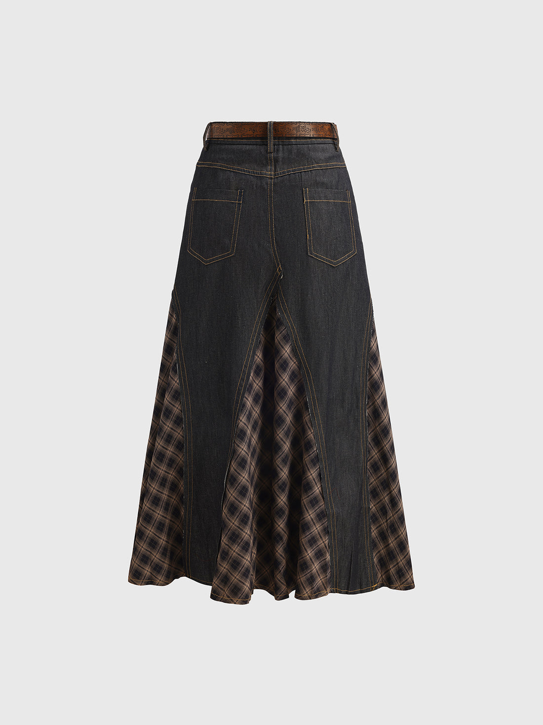 Denim & Plaid Midi Skirt - Black Brown
