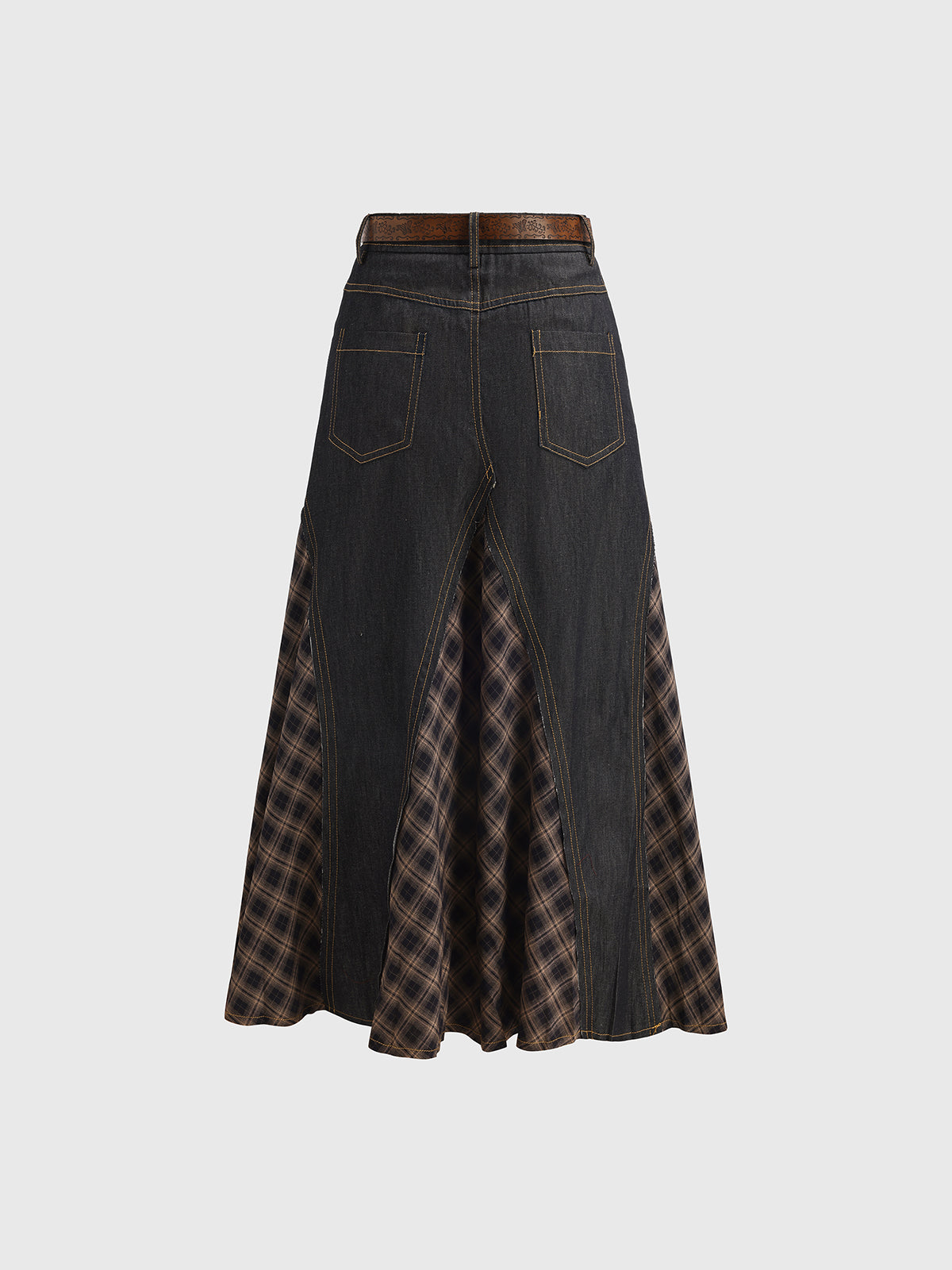 Denim & Plaid Midi Skirt - Black Brown