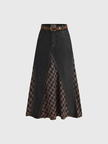 Denim & Plaid Midi Skirt - Black Brown