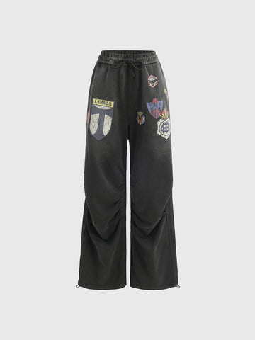 Crest Patch Wide-Leg Pants – Light Black