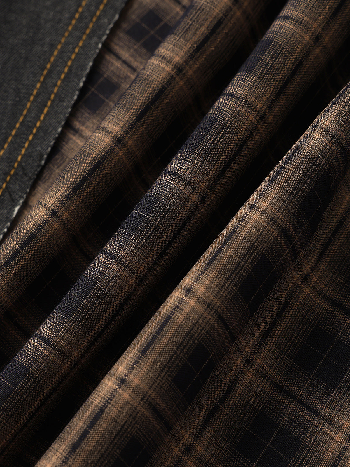 Denim & Plaid Midi Skirt - Black Brown