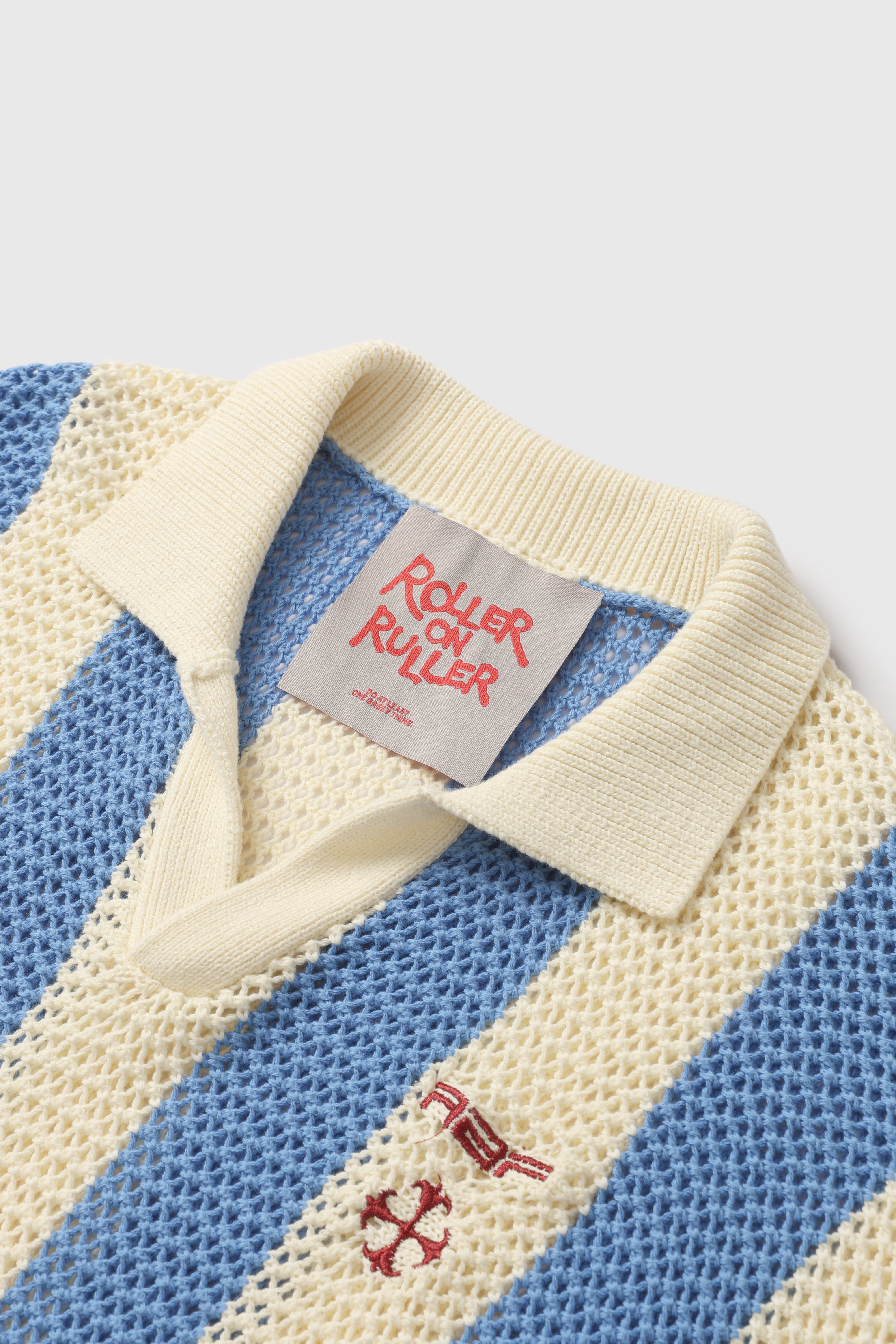 Striped Open-Knit Long Sleeve Polo – Sky Blue