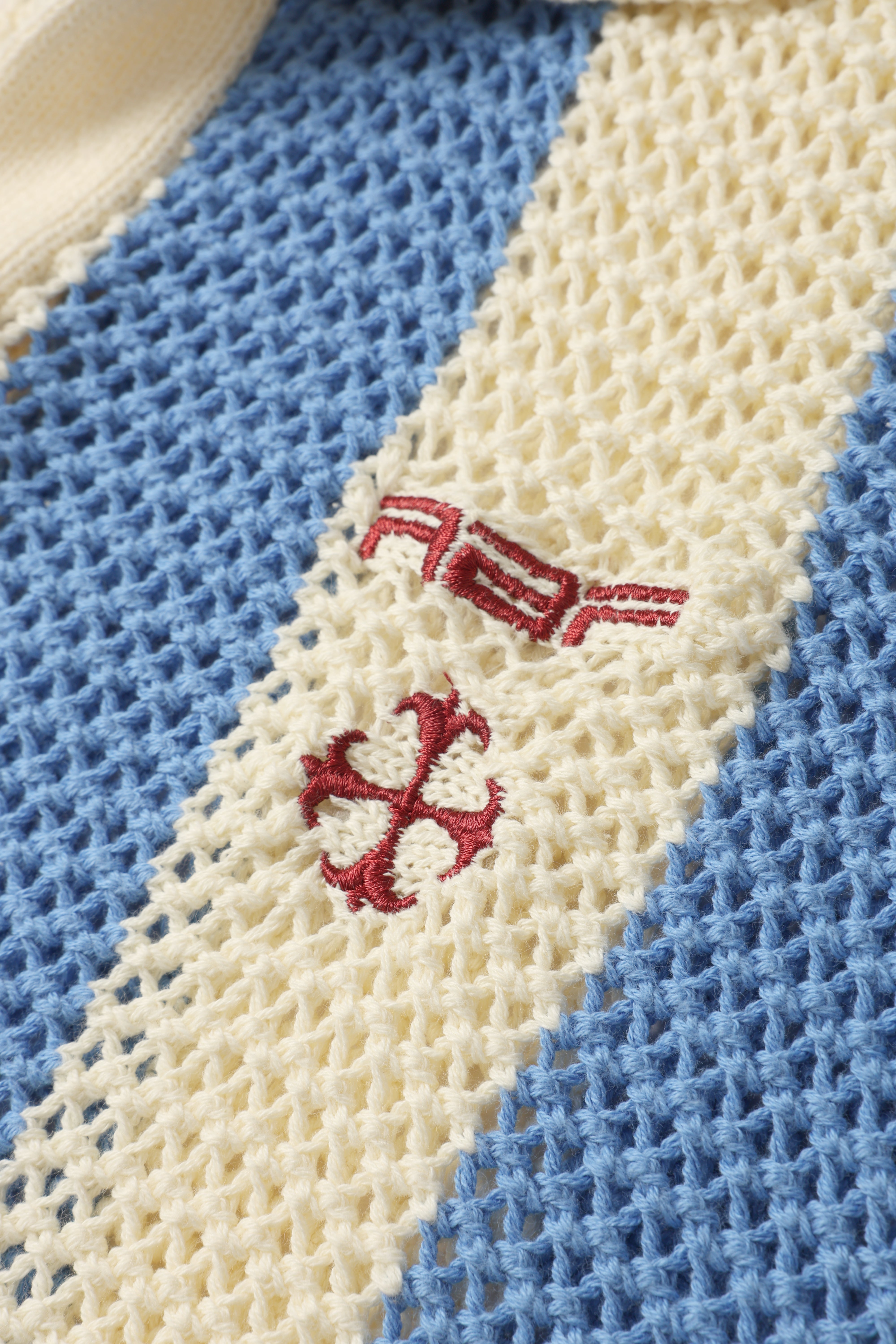 Striped Open-Knit Long Sleeve Polo – Sky Blue