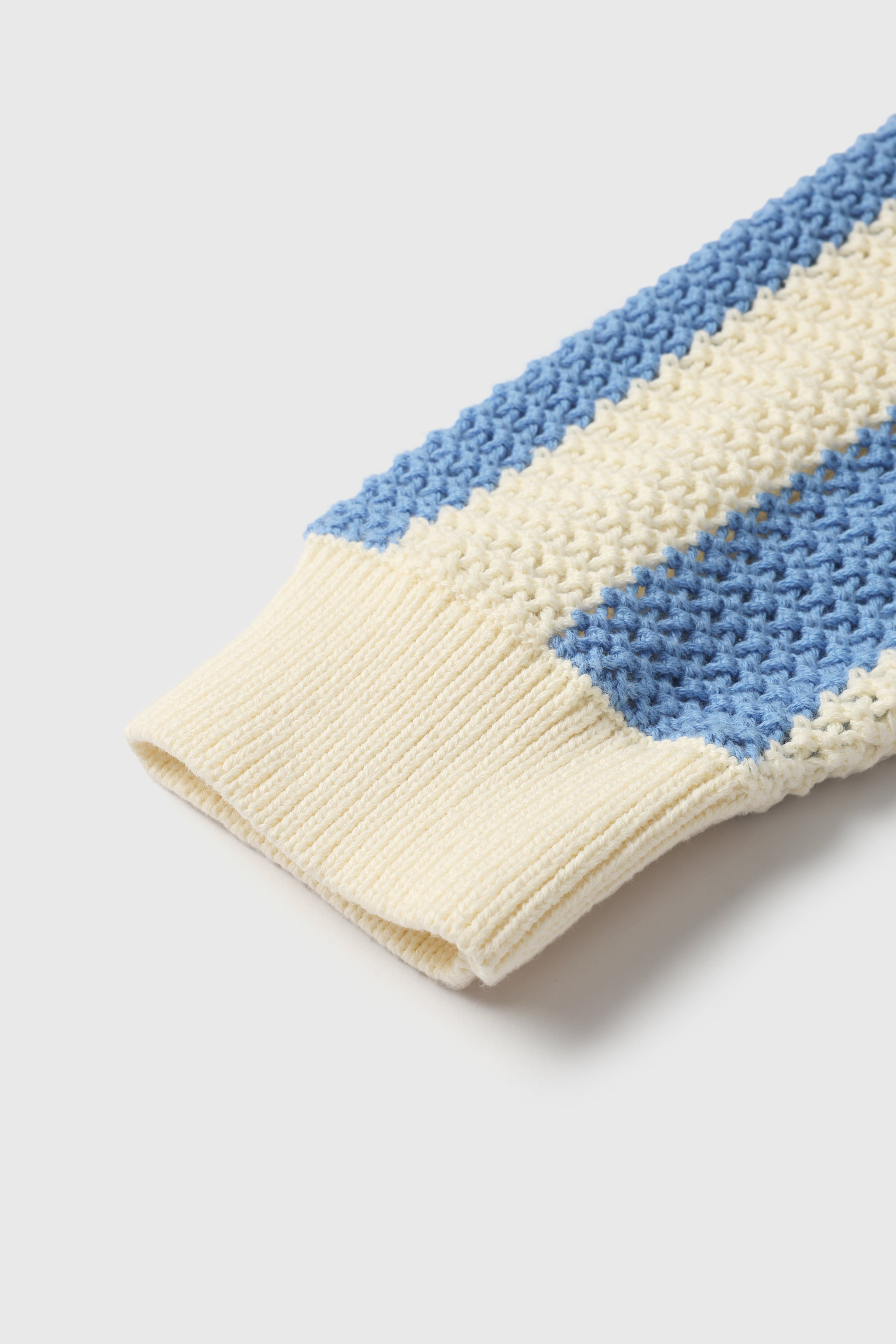 Striped Open-Knit Long Sleeve Polo – Sky Blue