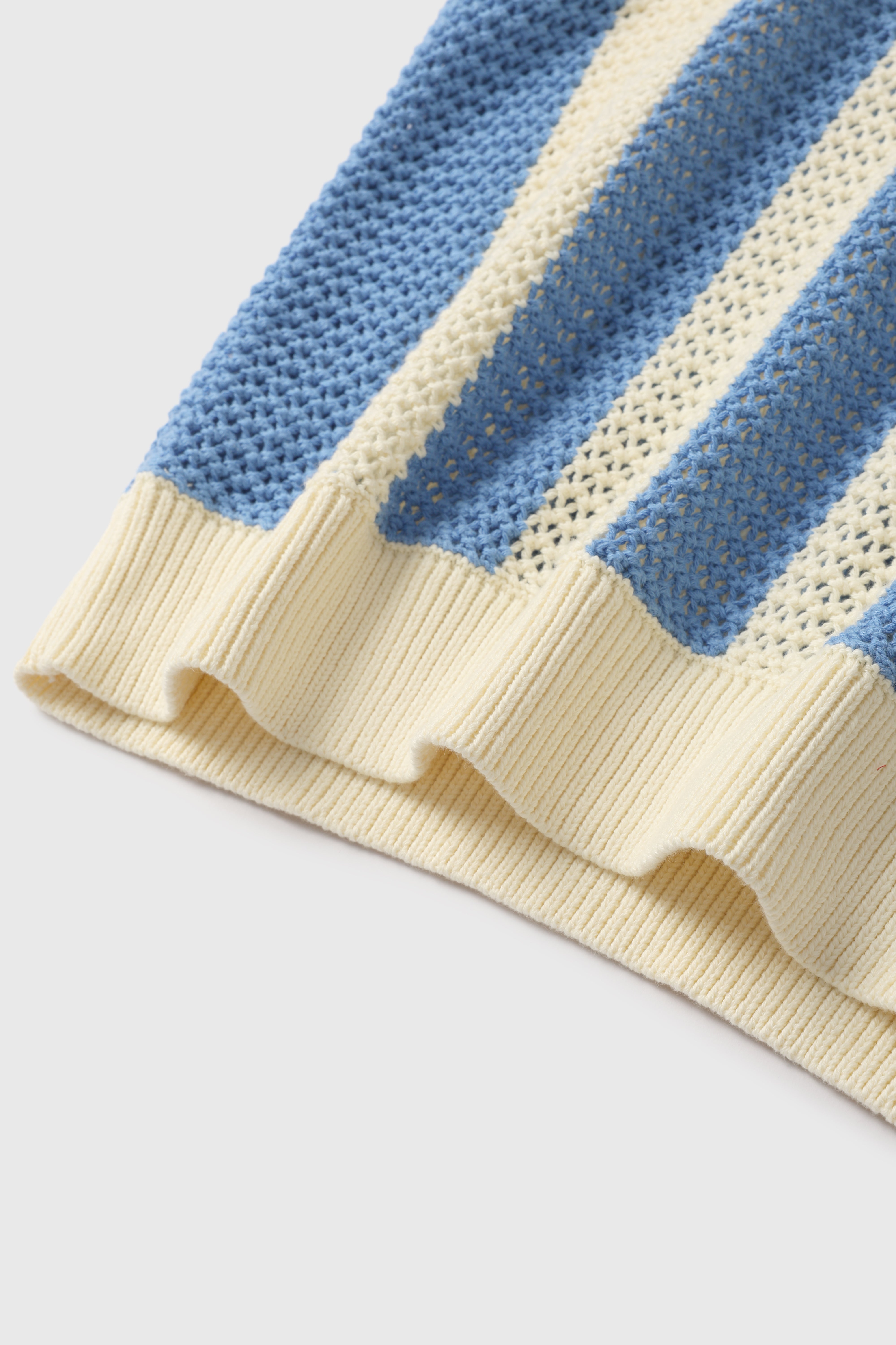 Striped Open-Knit Long Sleeve Polo – Sky Blue