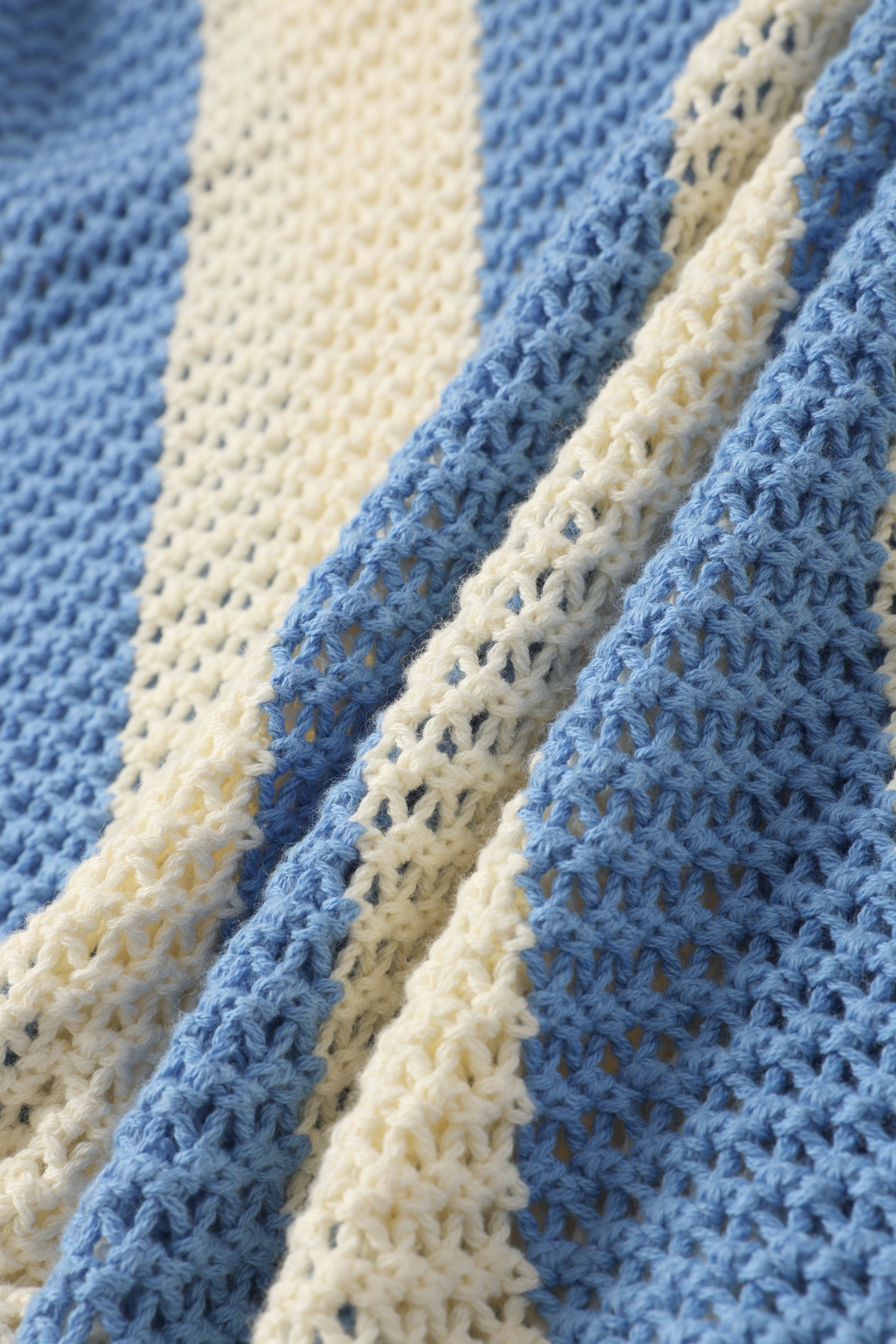 Striped Open-Knit Long Sleeve Polo – Sky Blue