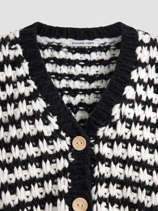 Co-ed Dorm Baggy Striped V-Neck Knit Cardigan - Black