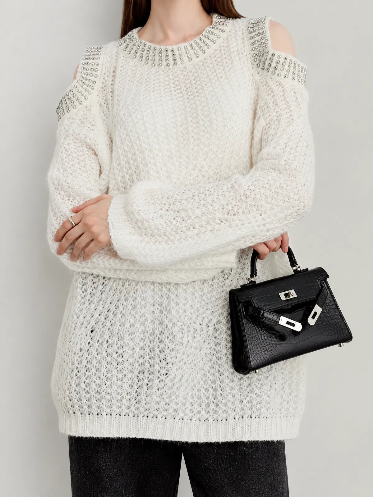Brick Lane Cold-Shoulder Cable Knit Long Sleeve Sweater - Off-White
