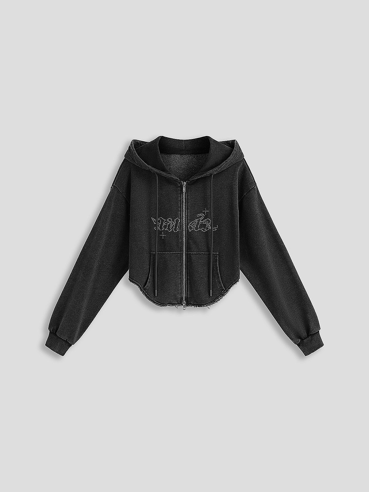 Cropped Studded Zip Hoodie – Washed Black