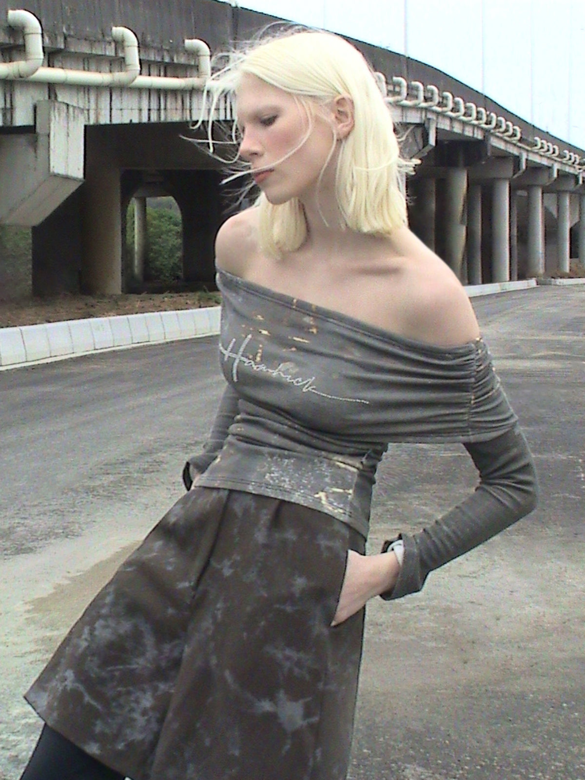 Off-Shoulder Glimmer Sleeve Tee  - Forest Noir