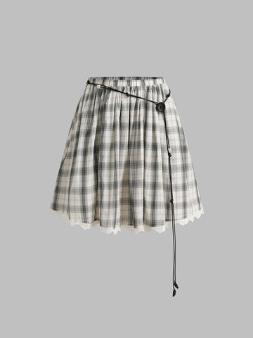 Cute Agenda Check Lace Skirt - Cloud Grey]
