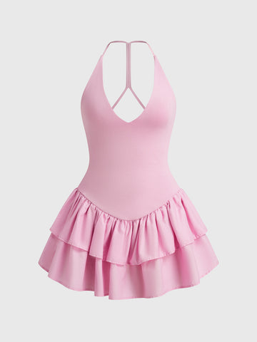 Ribbon Motion Lace Halter Dress - Blush Pink