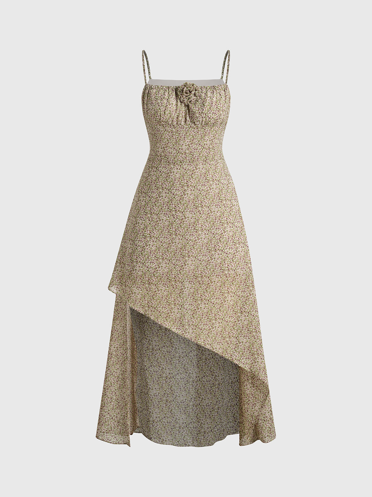 Unfinished Garden Asymmetric Dress – Soft Khaki Floral