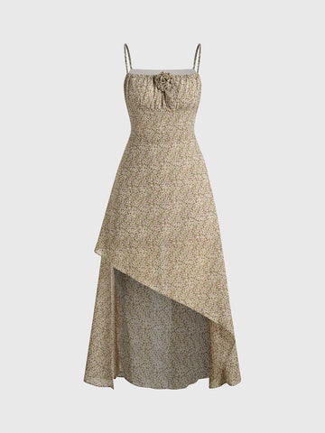 Unfinished Garden Asymmetric Dress – Soft Khaki Floral