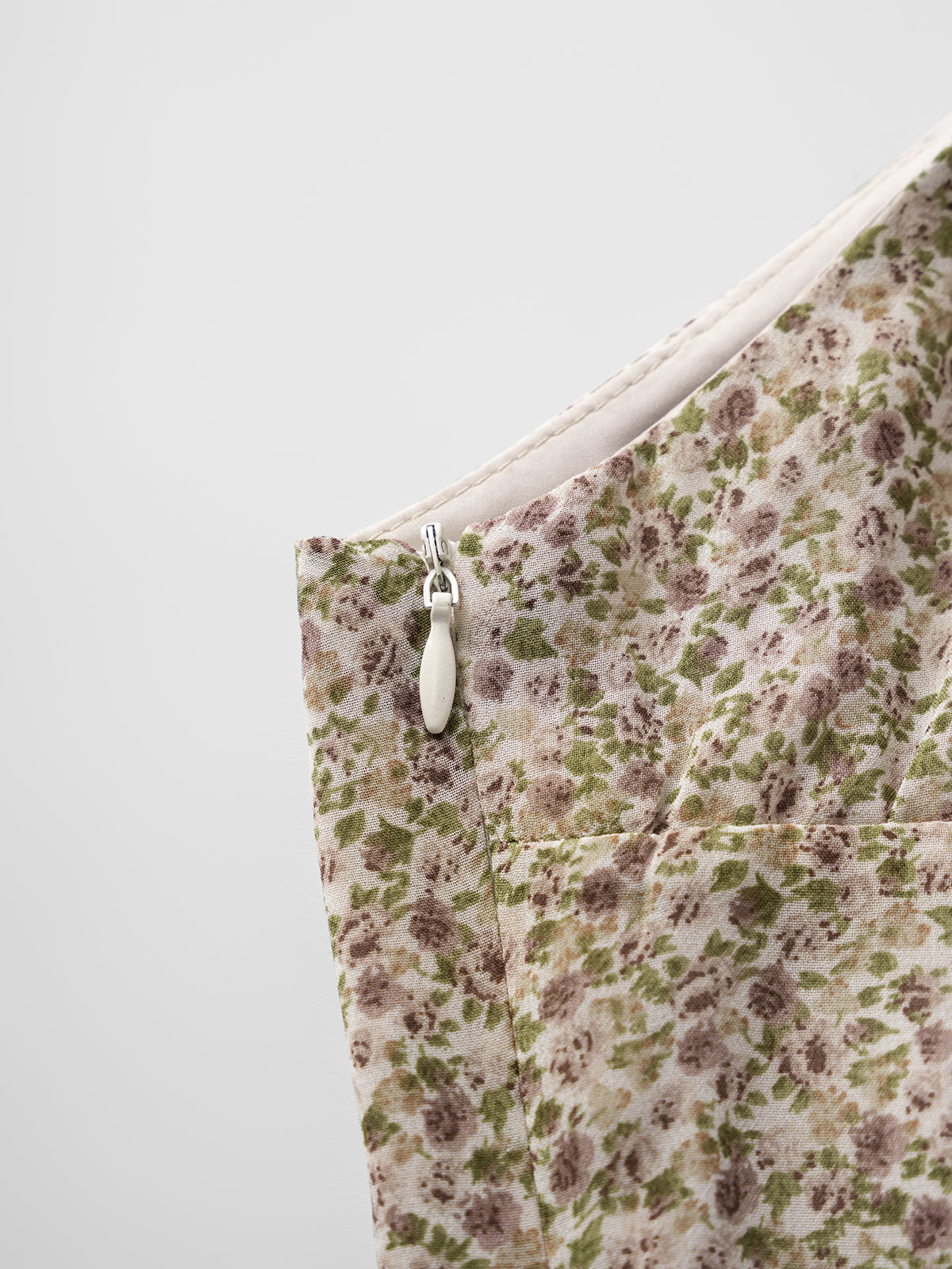 Unfinished Garden Asymmetric Dress – Soft Khaki Floral