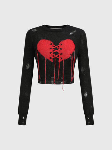 Still Beating Stitched Heart Sweater – Black Red