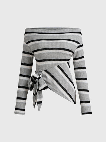 Dolled Office Off-Shoulder Stripe Bow Tie Top - Mono