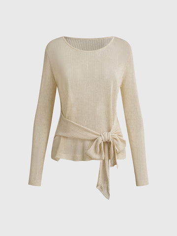 Dolled Office Bow Tie Hollow Out Knit Top - Cream