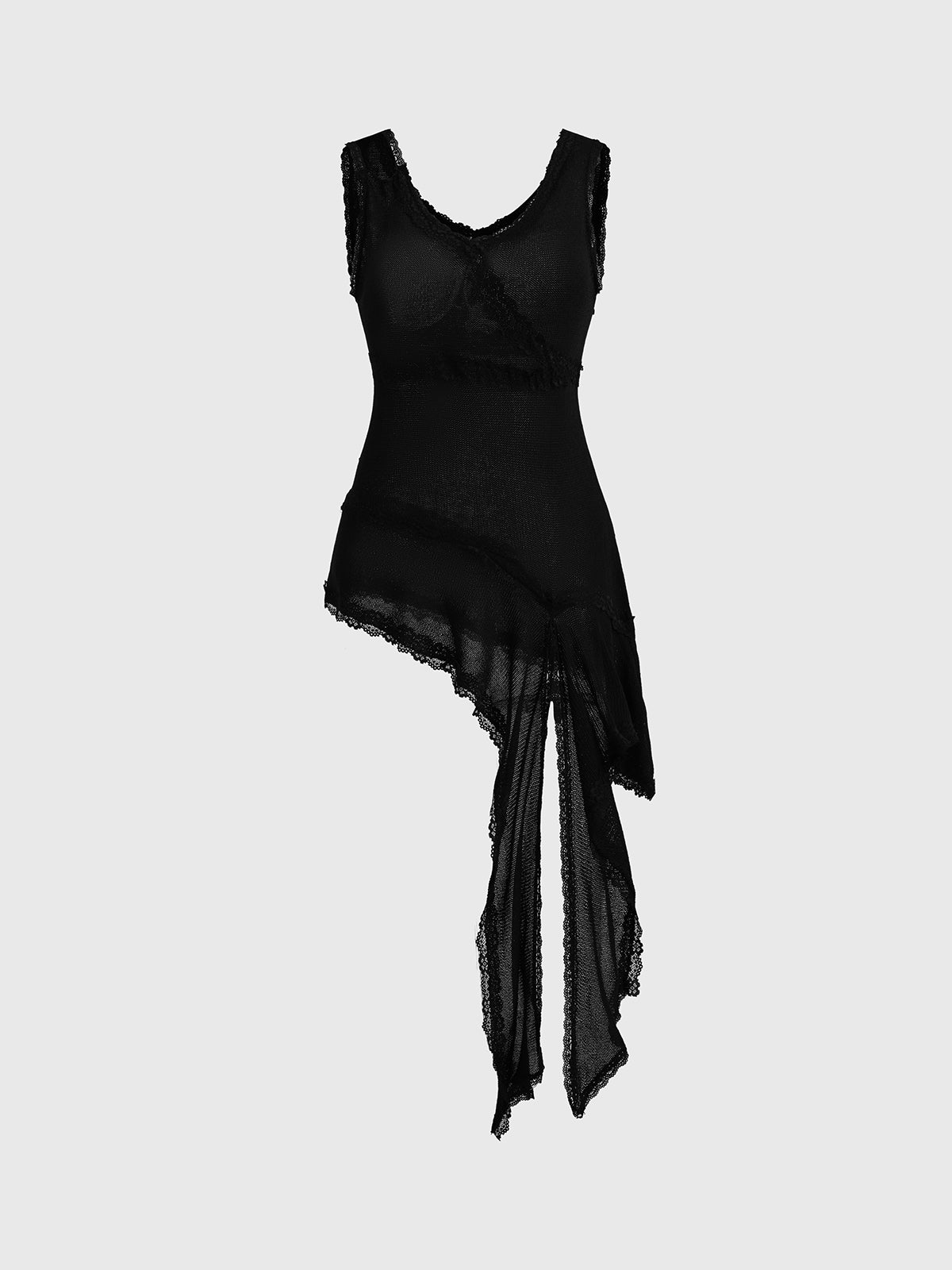 Brick Lane Asymmetric Lace Trim Hem Tank Top - Black