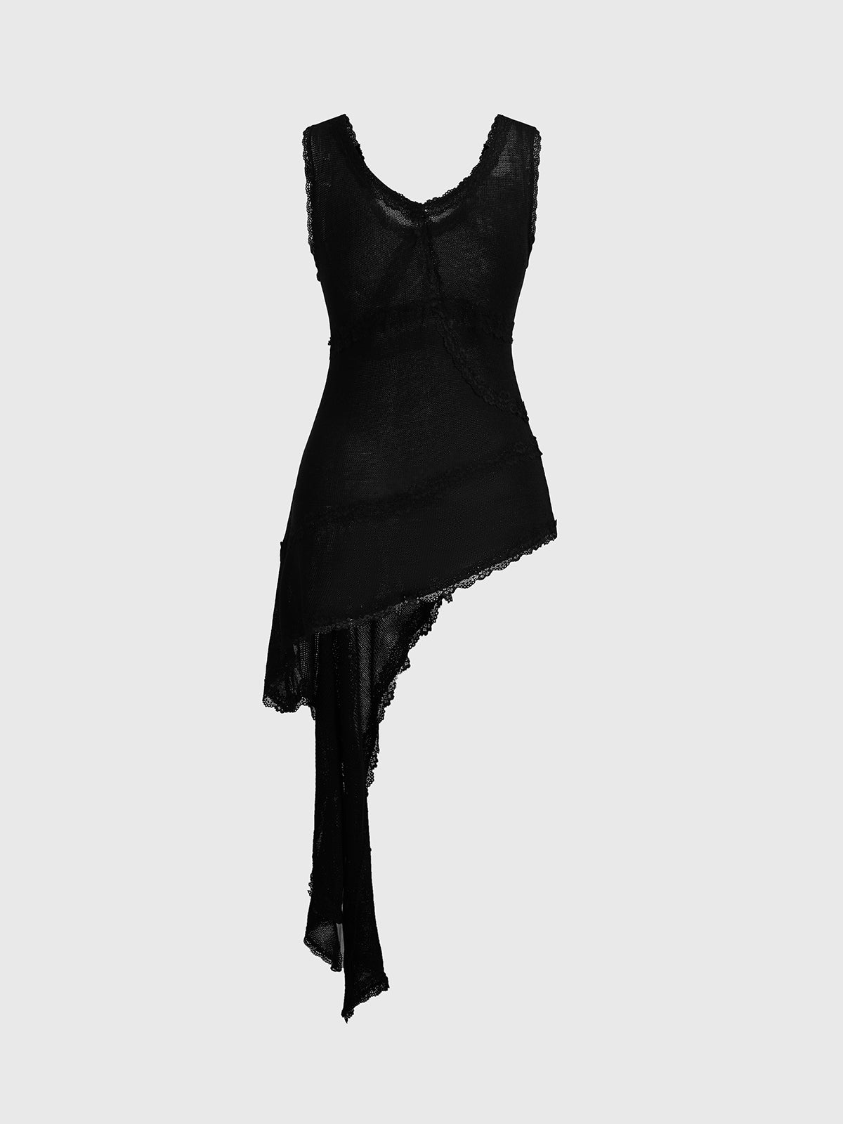 Brick Lane Asymmetric Lace Trim Hem Tank Top - Black