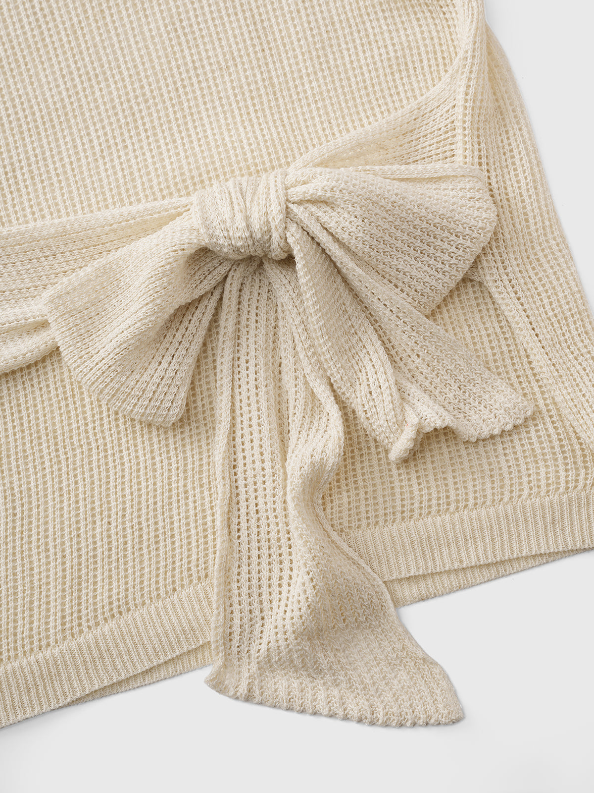 Dolled Office Bow Tie Hollow Out Knit Top - Cream