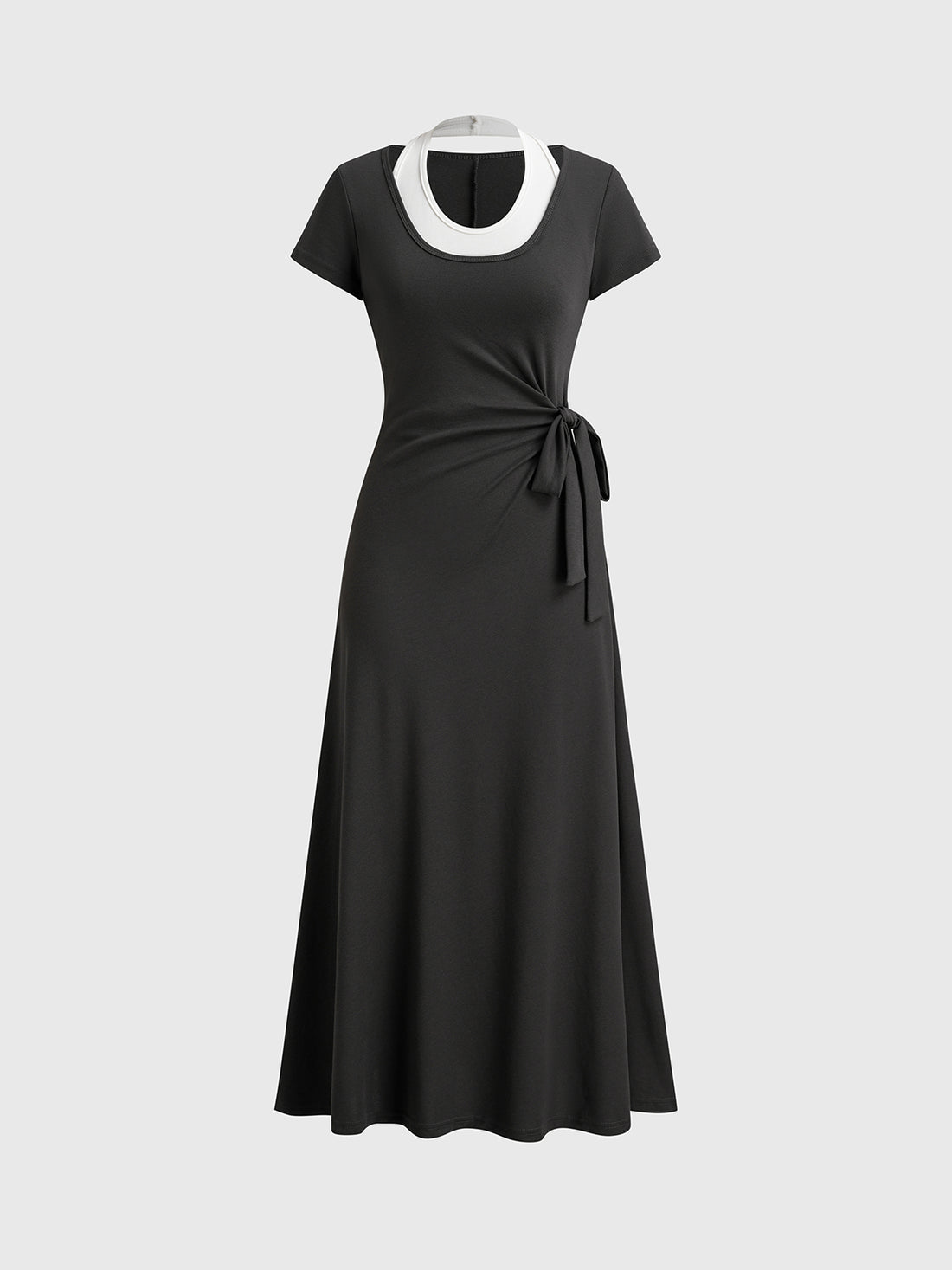 Dolled Office Layered-look Contrast Color Tie-waist Dress - Black