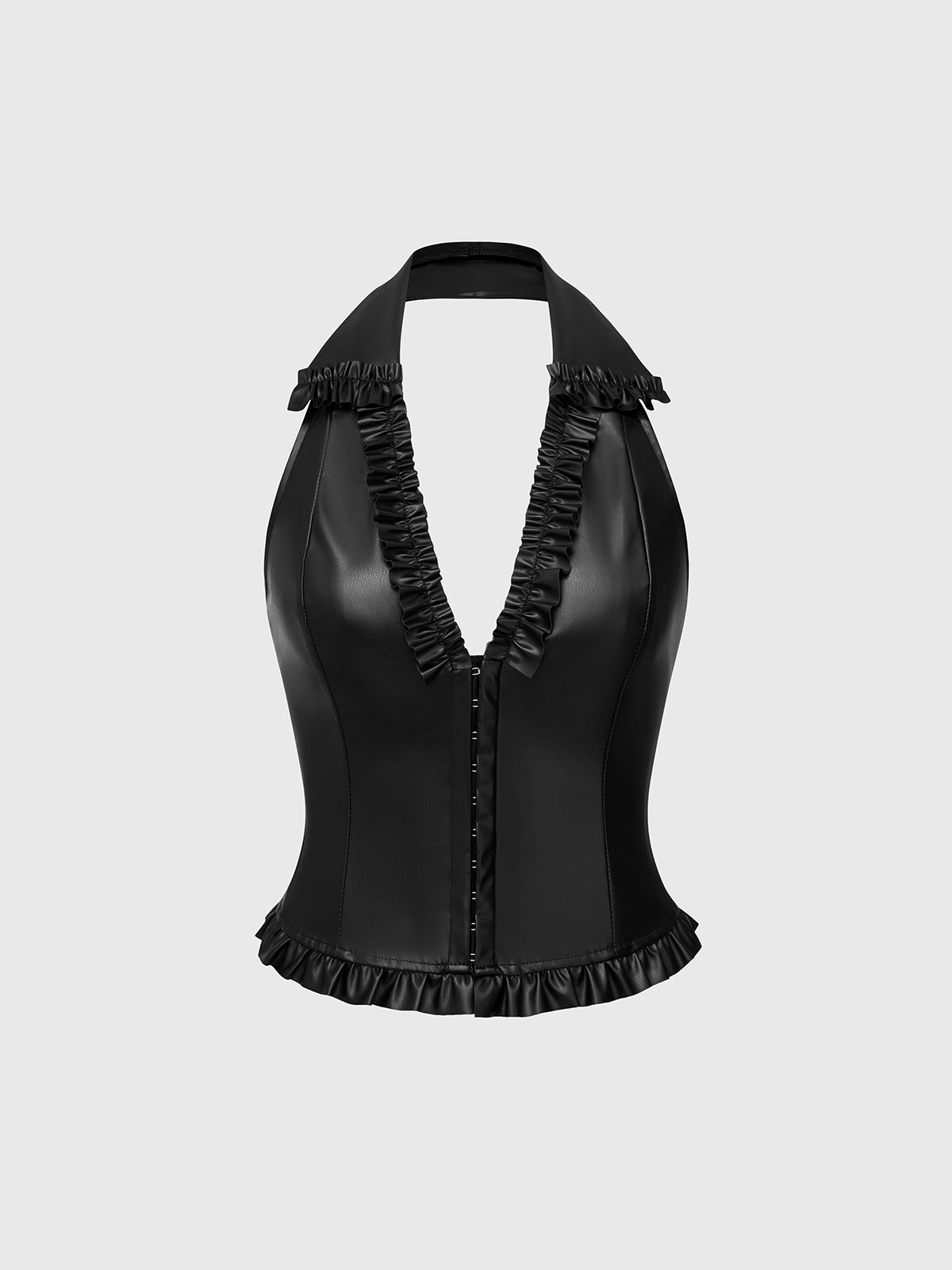 Locked Focus Leather Halter Top – Glossy Black