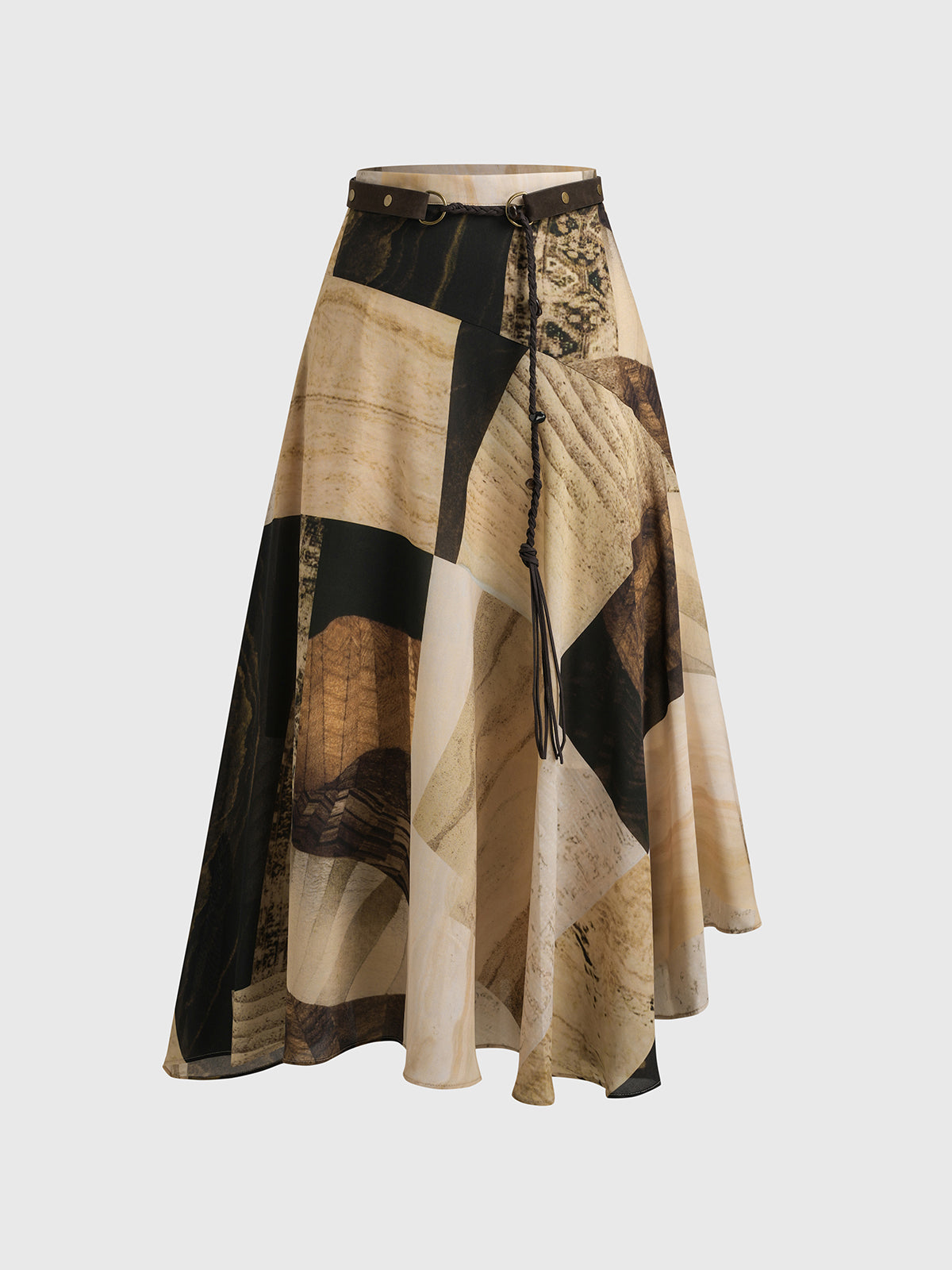 Dolled Office Artistic Print Asymmetric Maxi Skirt - Brown Multi