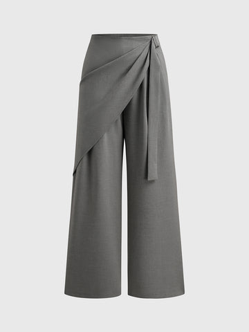 Dolled Office Layered-look Tie-waist Wide-leg Trousers - Grey