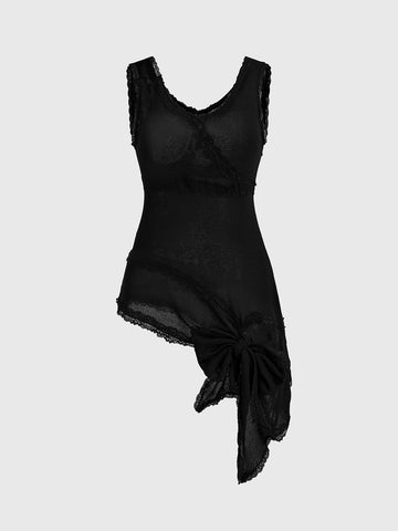 Brick Lane Asymmetric Lace Trim Hem Tank Top - Black
