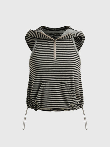 Brick Lane Baggy Stripe Hooded Sleeveless Top - Black/White