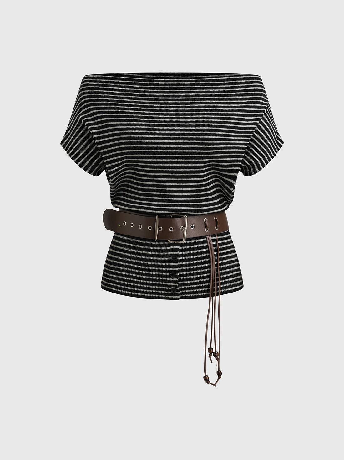 Brick Lane Stripe Off-Shoulder Belted Top - Black/White