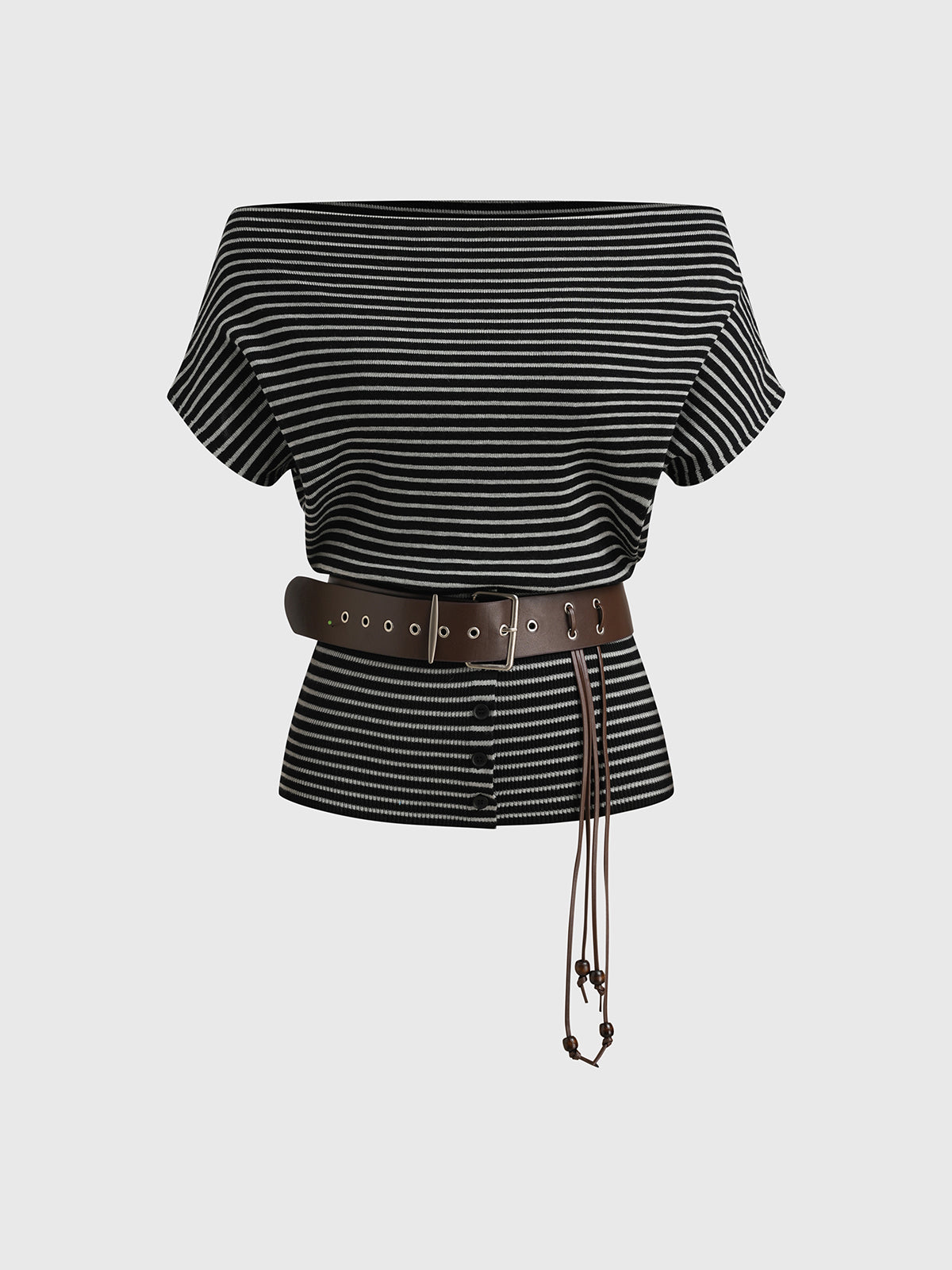 Brick Lane Stripe Off-Shoulder Belted Top - Black/White