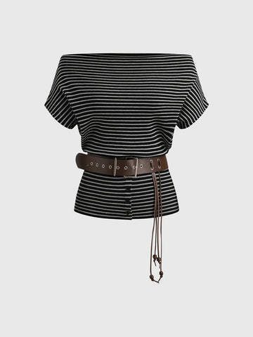 Brick Lane Stripe Off-Shoulder Belted Top - Black/White