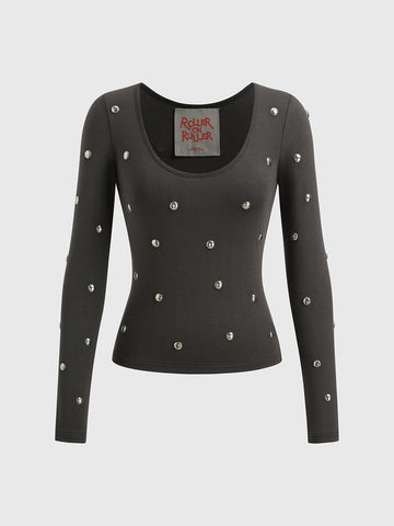 Brick Lane Skimming Rhinestone Studded Long Sleeve - Black